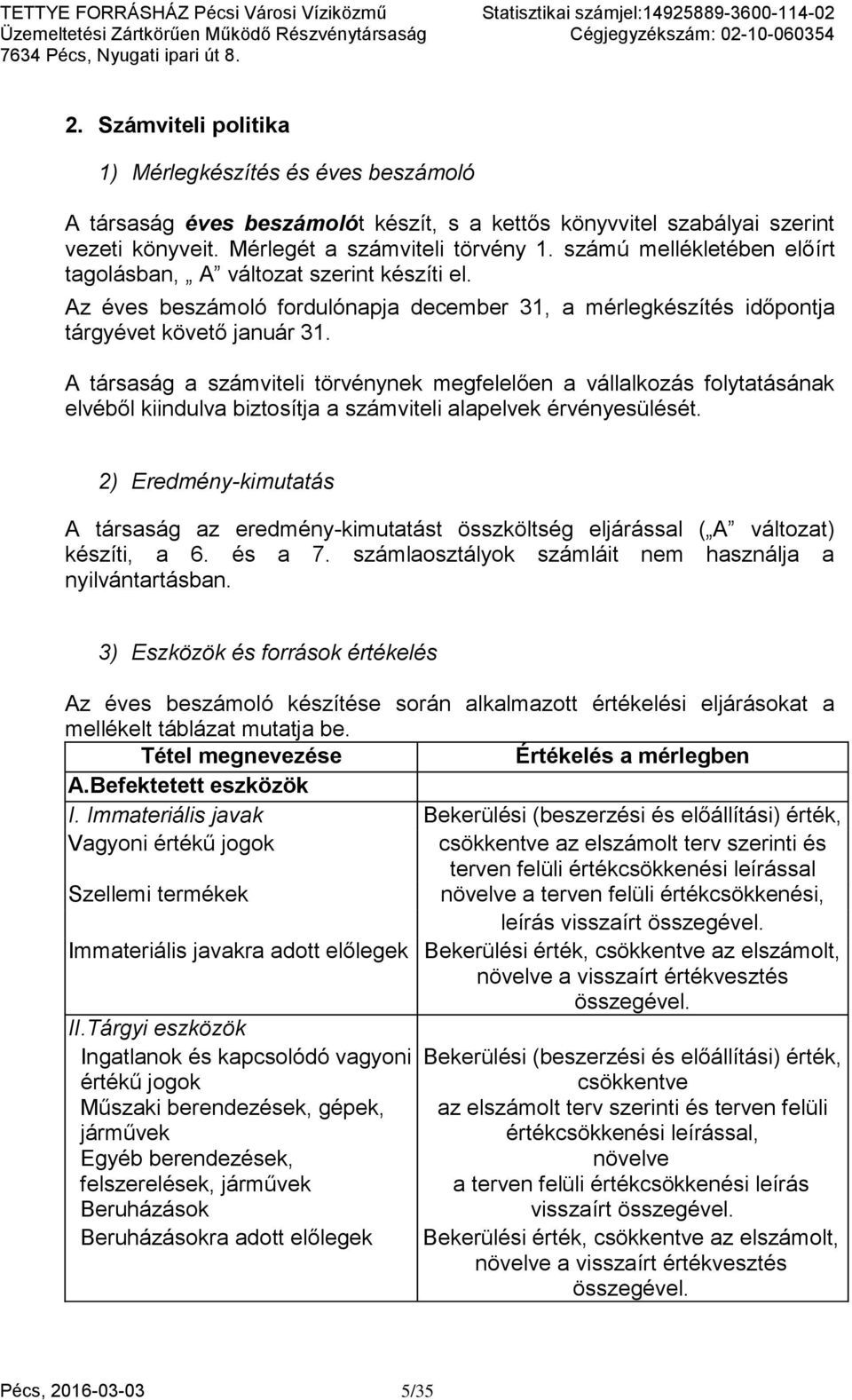 A társaság a számviteli törvénynek megfelelően a vállalkozás folytatásának elvéből kiindulva biztosítja a számviteli alapelvek érvényesülését.