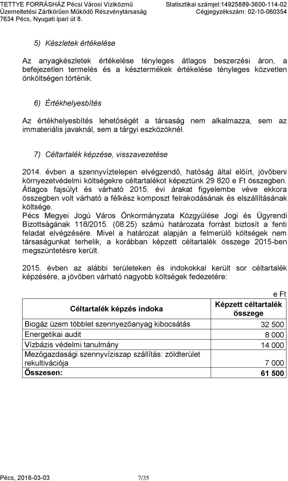 évben a szennyvíztelepen elvégzendő, hatóság által előírt, jövőbeni környezetvédelmi költségekre céltartalékot képeztünk 29 820 e Ft összegben. Átlagos fajsúlyt és várható 2015.