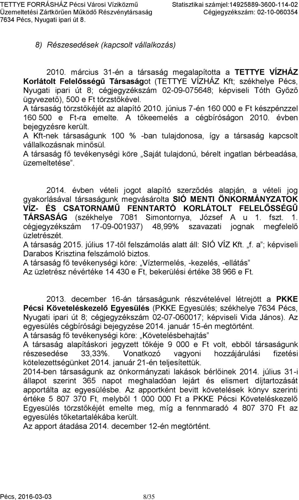 ügyvezető), 500 e Ft törzstőkével. A társaság törzstőkéjét az alapító 2010. június 7-én 160 000 e Ft készpénzzel 160 500 e Ft-ra emelte. A tőkeemelés a cégbíróságon 2010. évben bejegyzésre került.