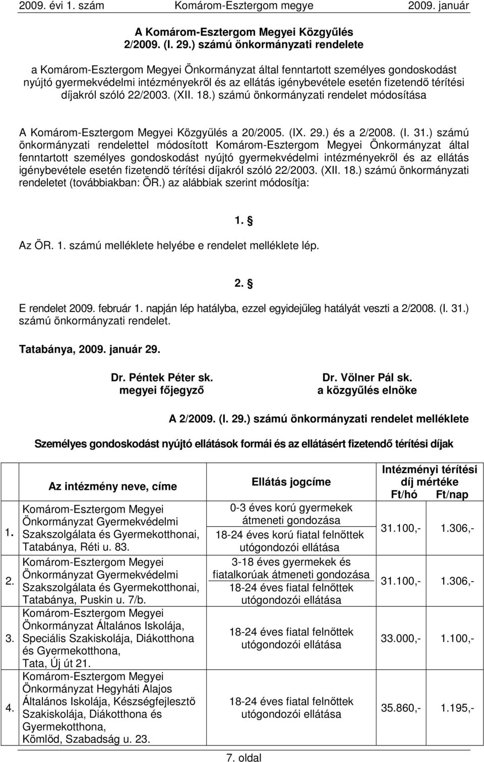 térítési díjakról szóló 22/2003. (XII. 18.) számú önkormányzati rendelet módosítása a 20/2005. (IX. 29.) és a 2/2008. (I. 31.
