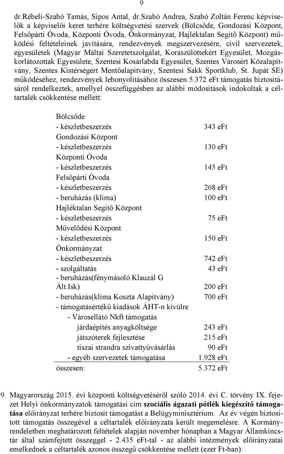 működési feltételeinek javítására, rendezvények megszervezésére, civil szervezetek, egyesületek (Magyar Máltai Szeretetszolgálat, Koraszülöttekért Egyesület, Mozgáskorlátozottak Egyesülete, Szentesi