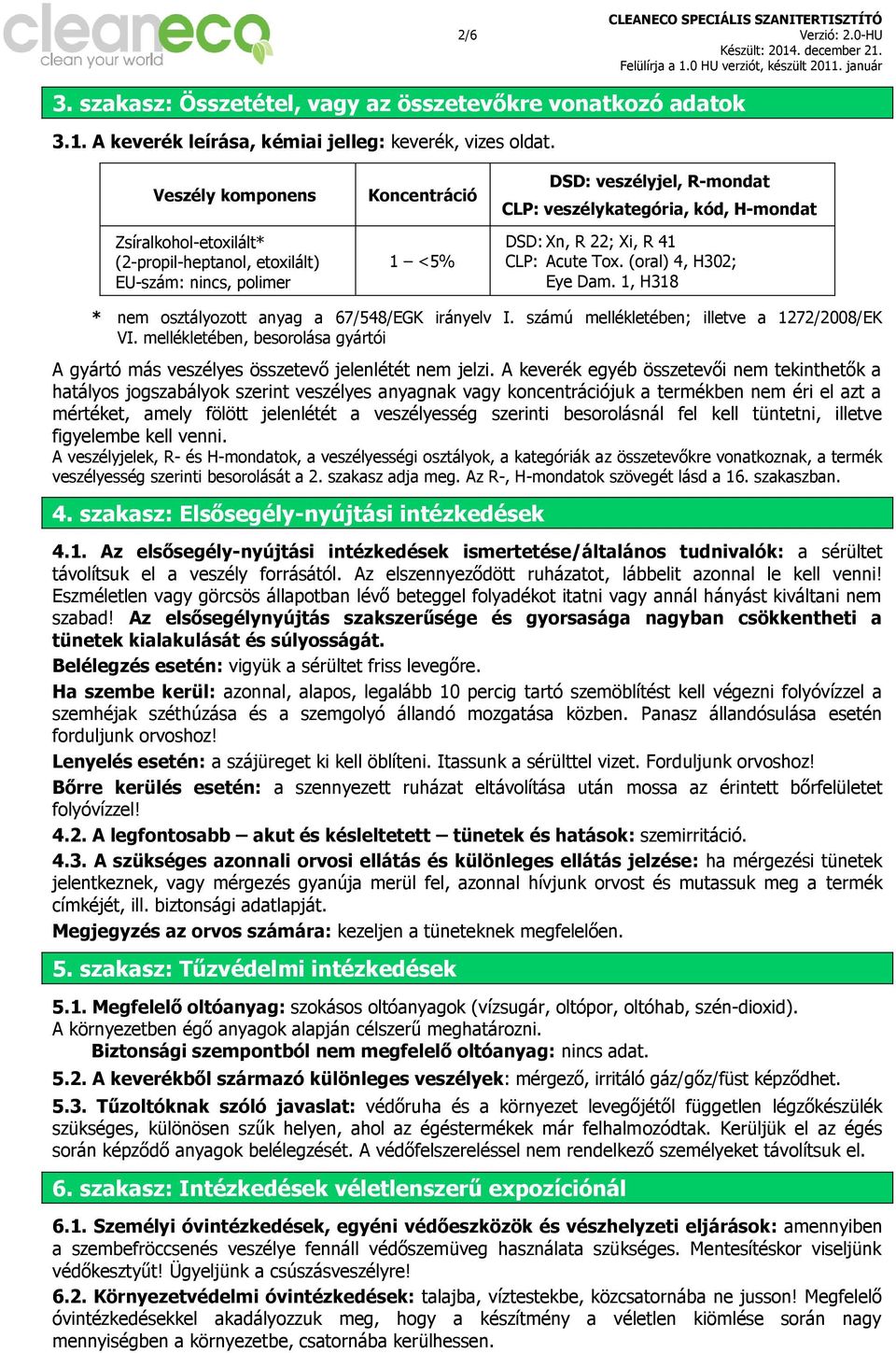 41 CLP: Acute Tox. (oral) 4, H302; Eye Dam. 1, H318 * nem osztályozott anyag a 67/548/EGK irányelv I. számú mellékletében; illetve a 1272/2008/EK VI.