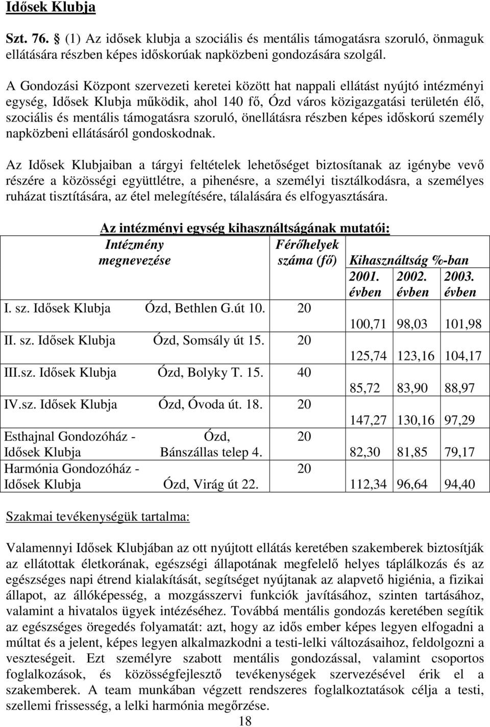 támogatásra szoruló, önellátásra részben képes idıskorú személy napközbeni ellátásáról gondoskodnak.