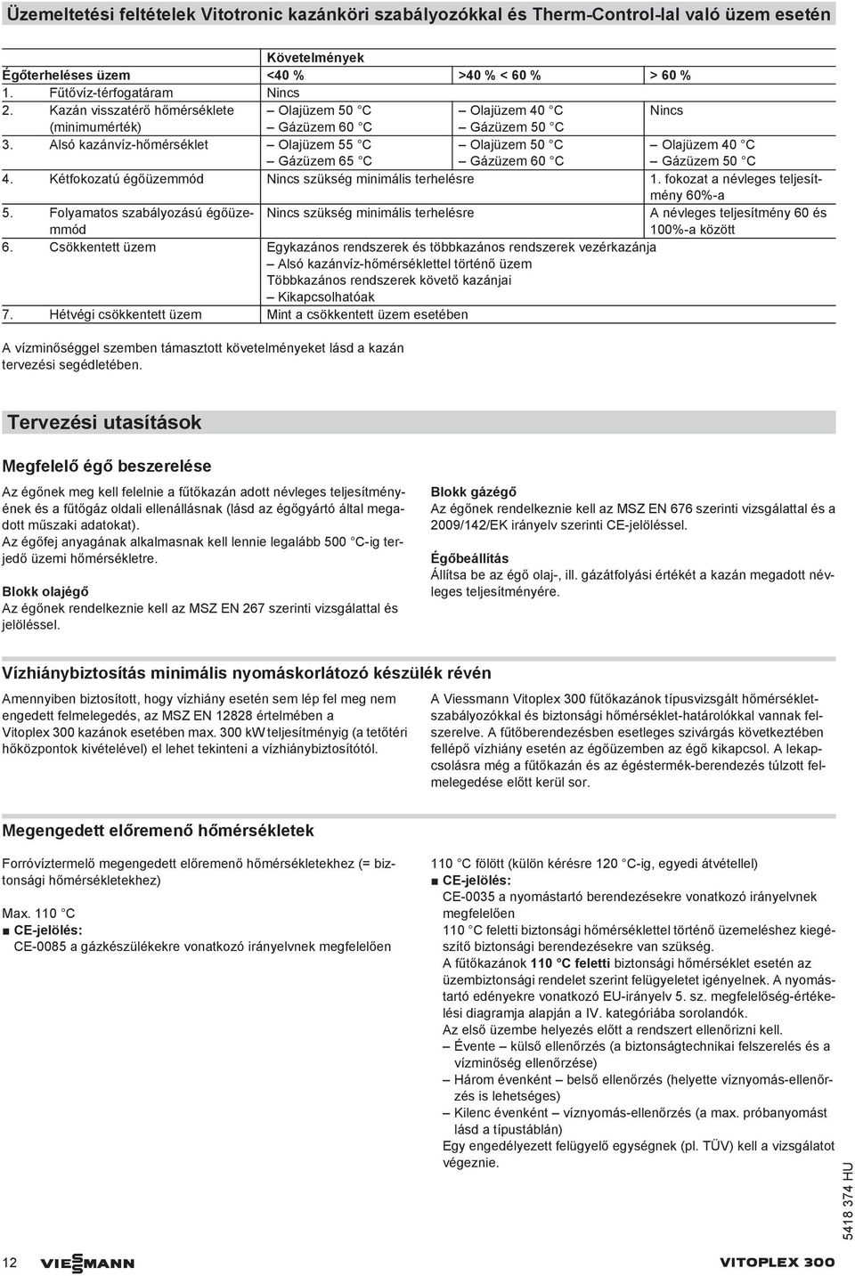 Alsó kazánvíz-hőmérséklet Olajüzem 55 C Gázüzem 65 C Olajüzem 50 C Gázüzem 60 C Olajüzem 40 C Gázüzem 50 C 4. Kétfokozatú égőüzemmód Nincs szükség minimális terhelésre 1.