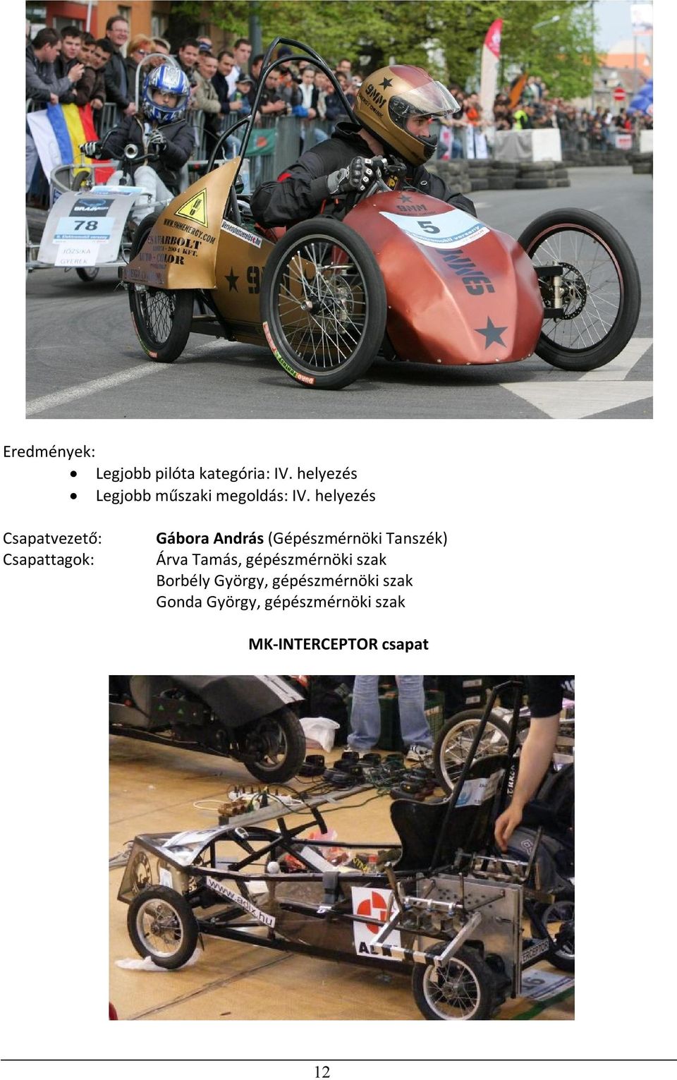 helyezés Csapatvezető: Gábora András (Gépészmérnöki Tanszék)