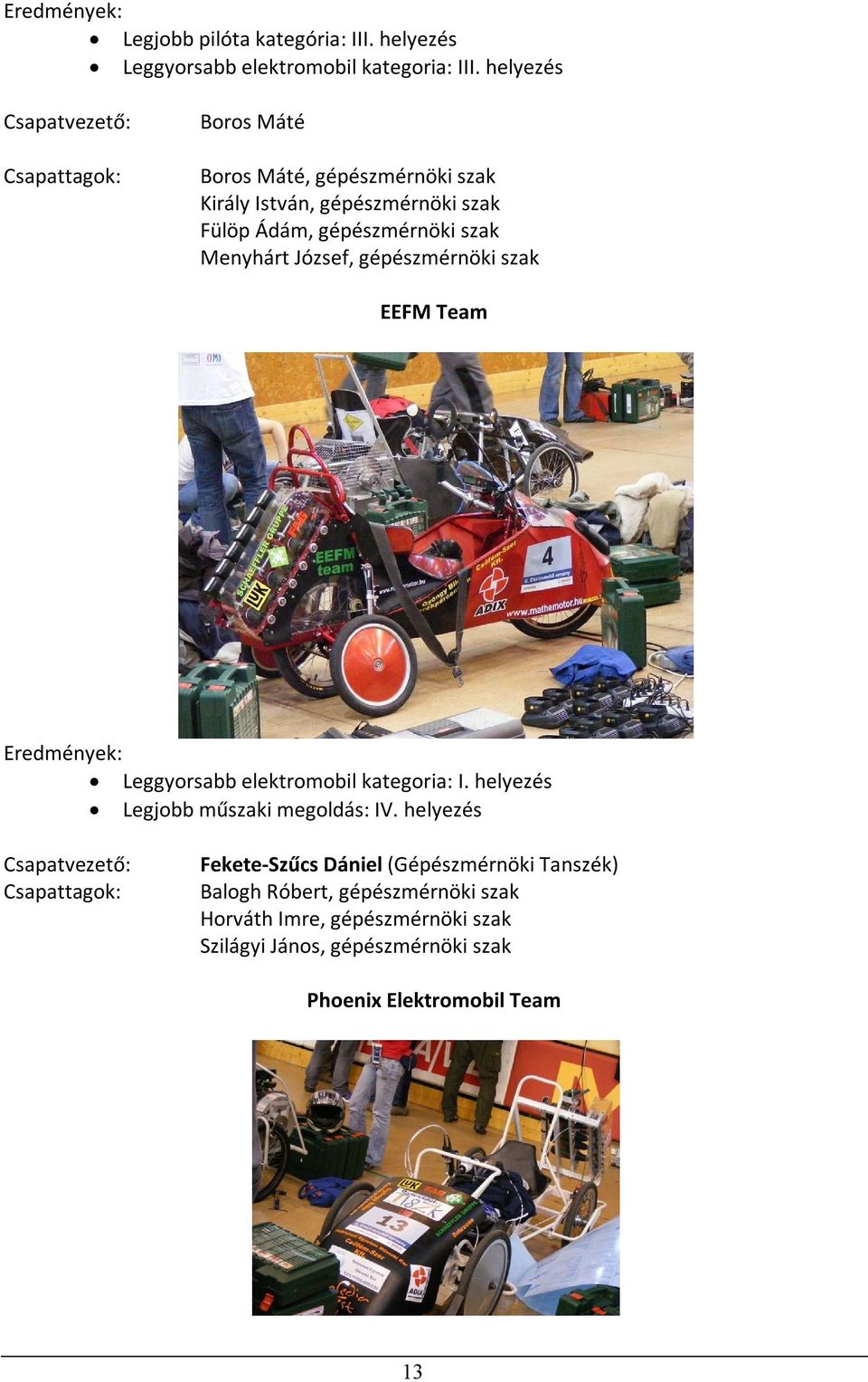 Menyhárt József, gépészmérnöki szak EEFM Team Leggyorsabb elektromobil kategoria: I. helyezés Legjobb műszaki megoldás: IV.