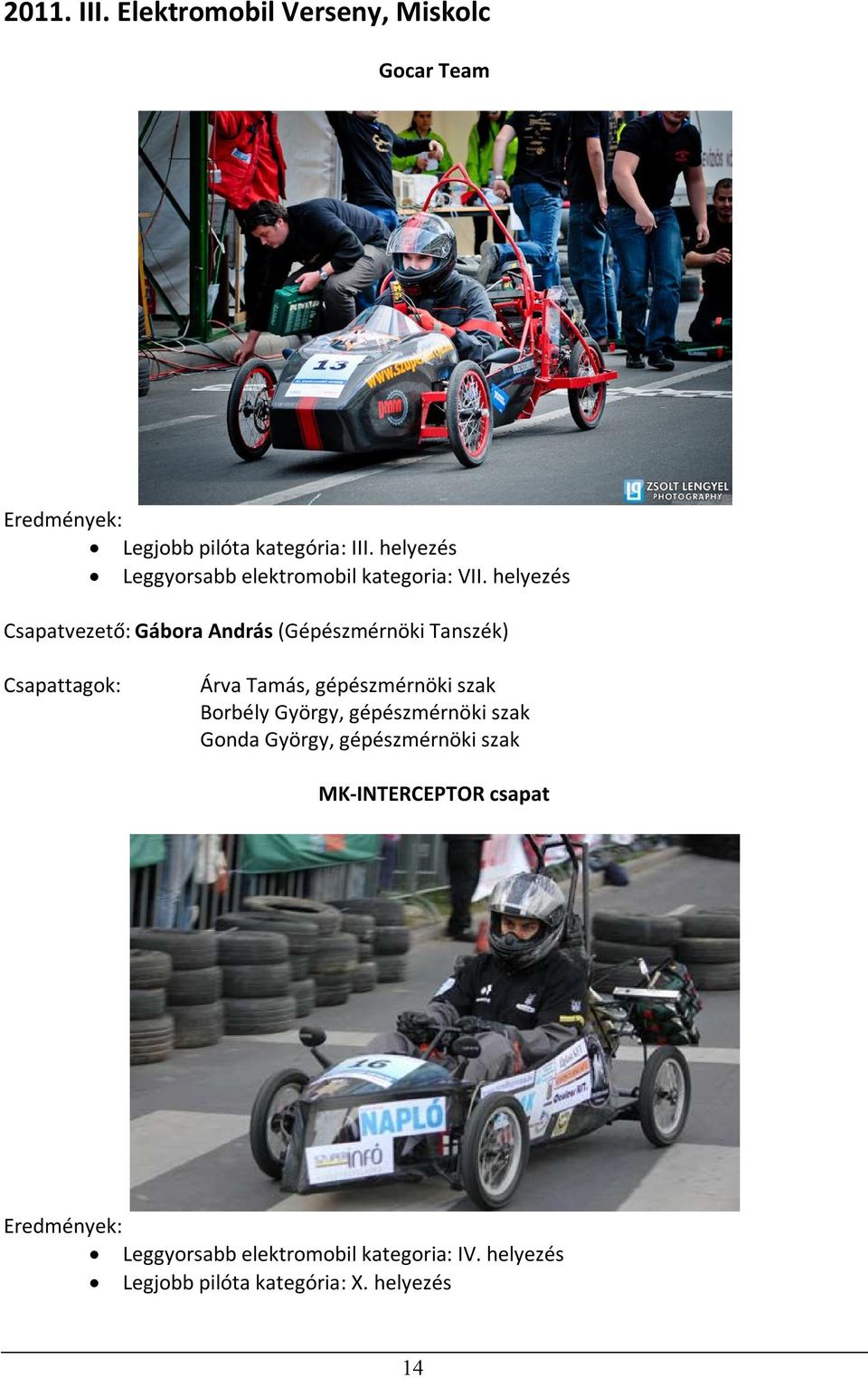 helyezés Csapatvezető: Gábora András (Gépészmérnöki Tanszék) Árva Tamás, gépészmérnöki szak Borbély