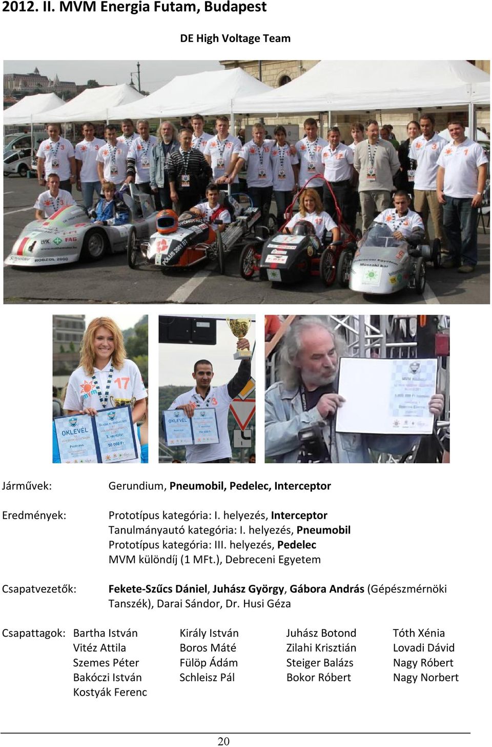 ), Debreceni Egyetem Fekete-Szűcs Dániel, Juhász György, Gábora András (Gépészmérnöki Tanszék), Darai Sándor, Dr.