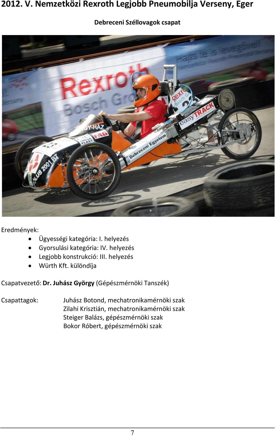 helyezés Gyorsulási kategória: IV. helyezés Legjobb konstrukció: III. helyezés Würth Kft.