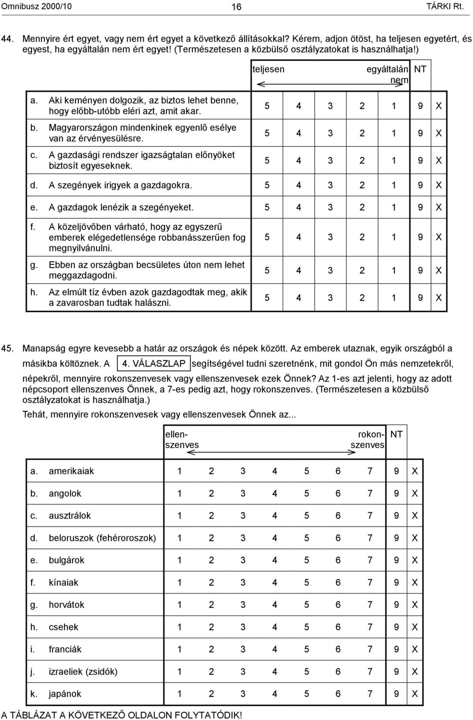 c. A gazdasági rendszer igazságtalan előnyöket biztosít egyeseknek. 5 4 3 2 1 9 X 5 4 3 2 1 9 X 5 4 3 2 1 9 X d. A szegények irigyek a gazdagokra. 5 4 3 2 1 9 X e. A gazdagok lenézik a szegényeket.