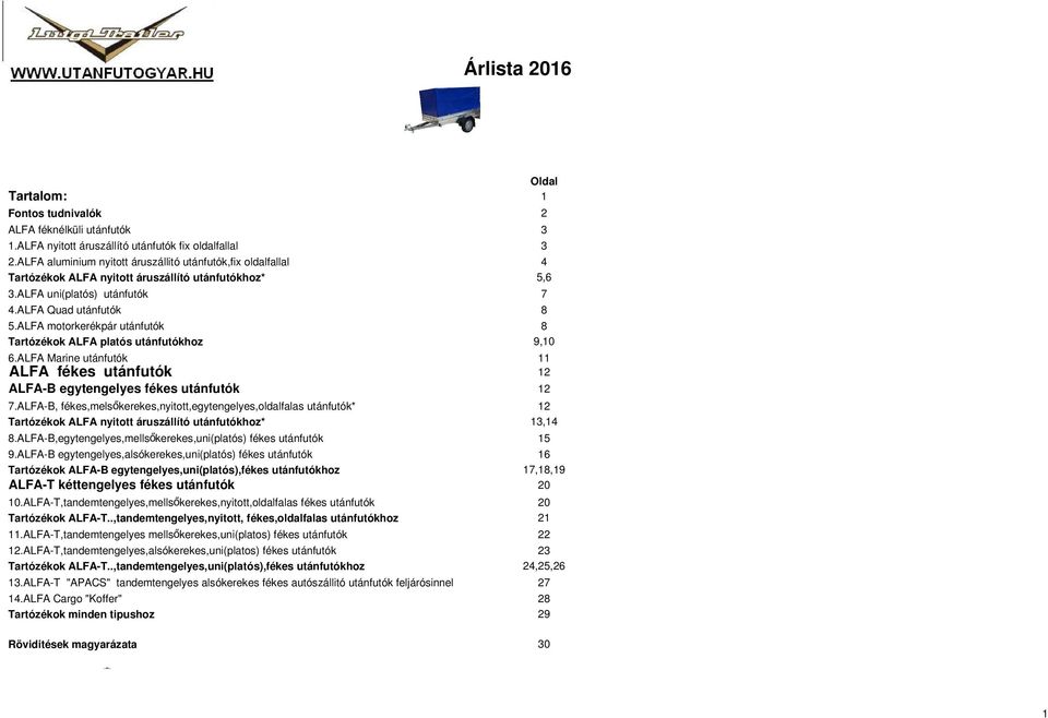ALFA motorkerékpár utánfutók Tartózékok ALFA platós utánfutókhoz 7 8 8 9,0 6.ALFA Marine utánfutók ALFA B egytengelyes fékes utánfutók ALFA fékes utánfutók 7.