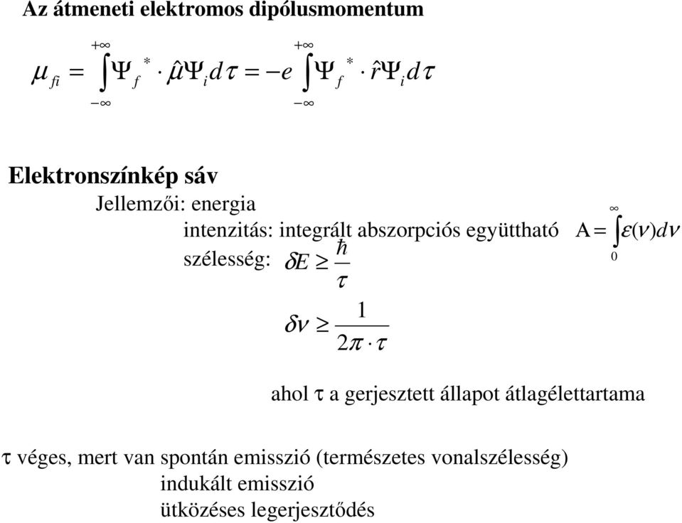szélesség: δe τ 1 δν 2π τ Α = 0 ε( ν) dν ahol τ a gerjesztett állapot átlagélettartama τ