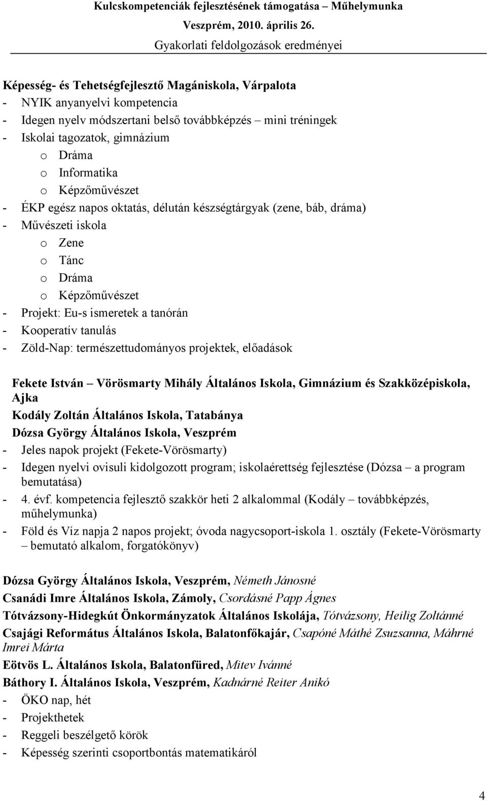 Zöld-Nap: természettudományos projektek, előadások Fekete István Vörösmarty Mihály Általános Iskola, Gimnázium és Szakközépiskola, Ajka Kodály Zoltán Általános Iskola, Tatabánya Dózsa György