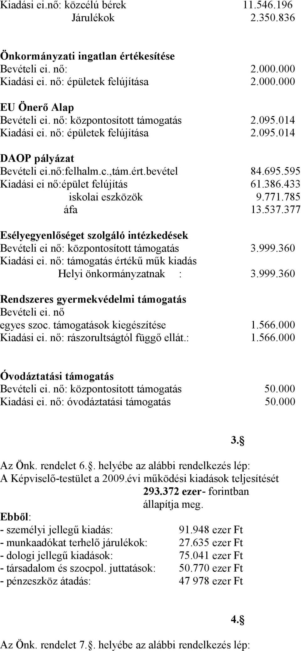 433 iskolai eszközök 9.771.785 áfa 13.537.377 Esélyegyenlőséget szolgáló intézkedések Bevételi ei nő: központosított támogatás 3.999.360 Kiadási ei.