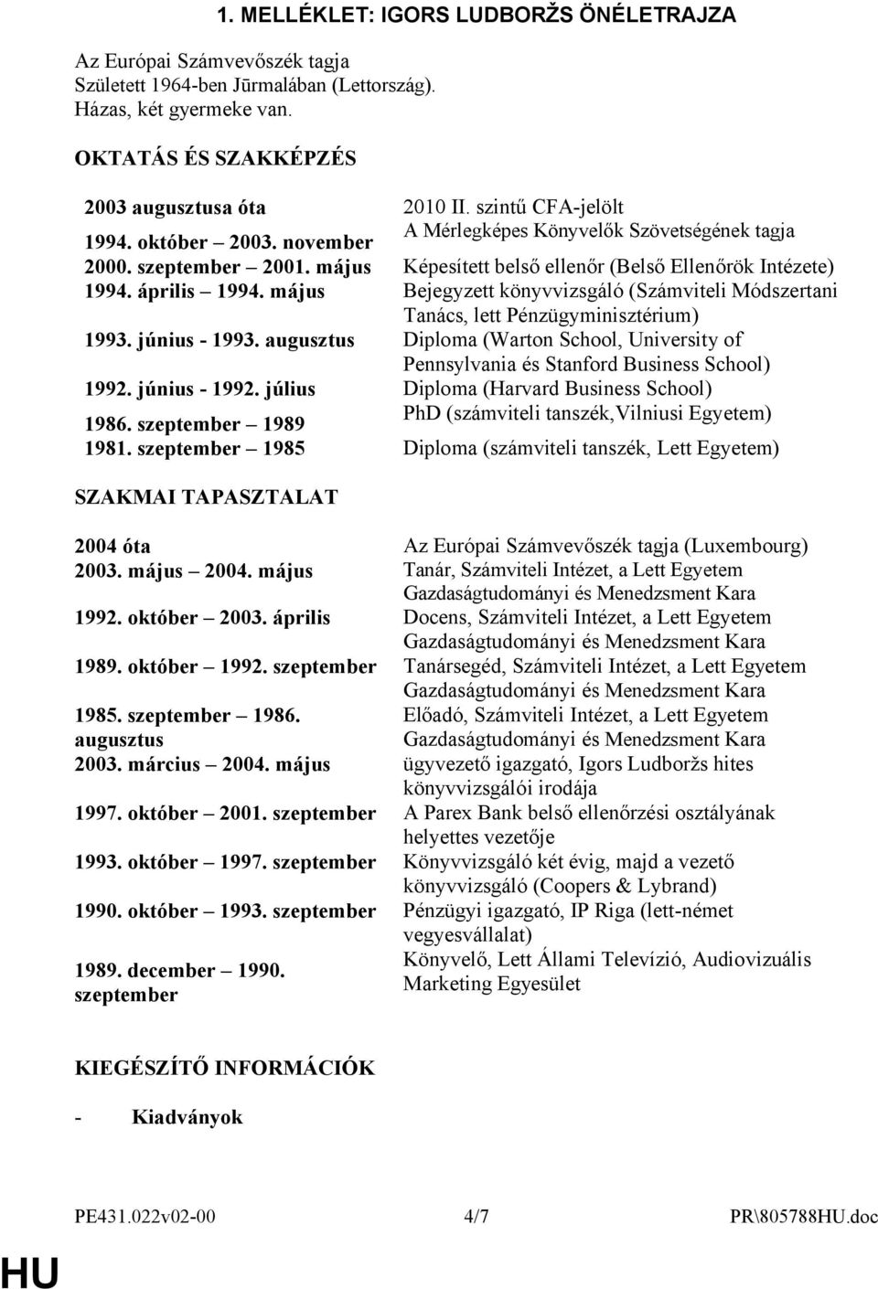 május Bejegyzett könyvvizsgáló (Számviteli Módszertani Tanács, lett Pénzügyminisztérium) 1993. június - 1993.