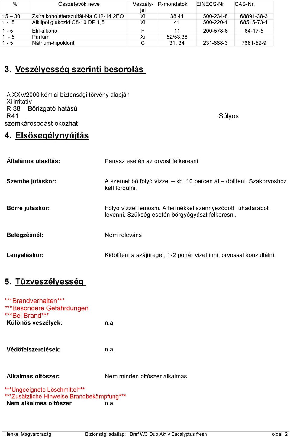 Nátrium-hipoklorit C 31, 34 231-66-3 761-52-9 3. Veszélyesség szerinti besorolás A XXV/2000 kémiai biztonsági törvény alapján Xi irritatív R 3 Bőrizgató hatású R41 szemkárosodást okozhat 4.