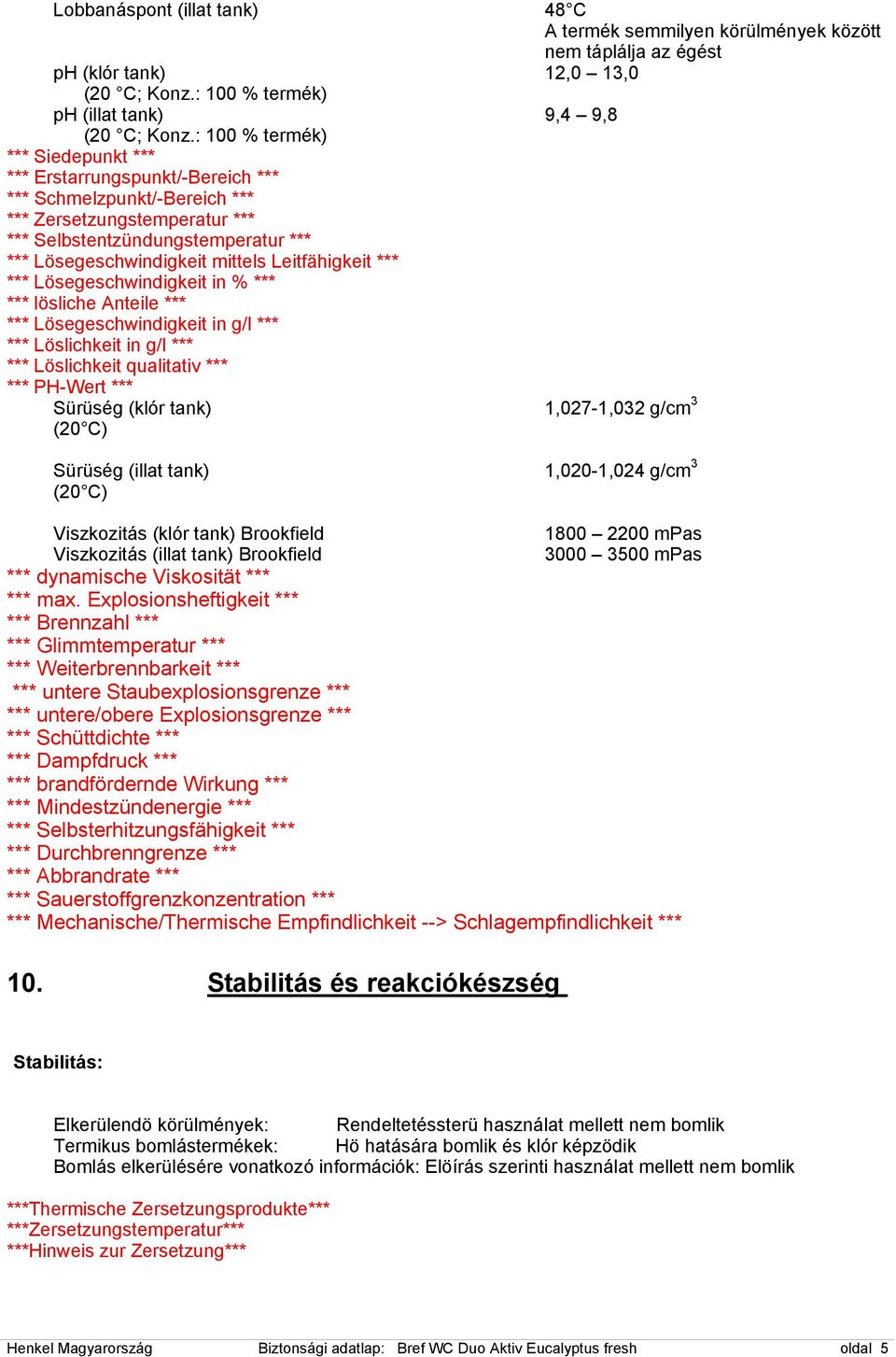 Leitfähigkeit *** *** Lösegeschwindigkeit in % *** *** lösliche Anteile *** *** Lösegeschwindigkeit in g/l *** *** Löslichkeit in g/l *** *** Löslichkeit qualitativ *** *** PH-Wert *** Sürüség (klór