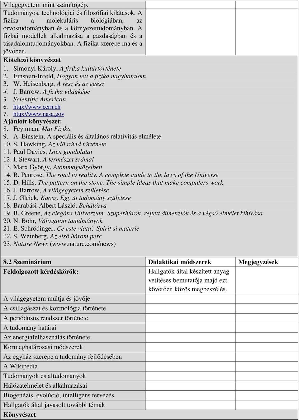 Einstein-Infeld, Hogyan lett a fizika nagyhatalom 3. W. Heisenberg, A rész és az egész 4. J. Barrow, A fizika világképe 5. Scientific American 6. http://www.cern.ch 7. http://www.nasa.