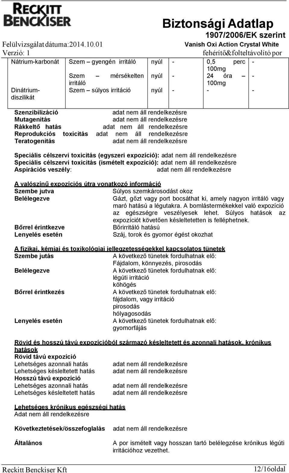 útra vonatkozó információ Szembe jutva Súlyos szemkárosodást okoz Belélegezve Gázt, gőzt vagy port bocsáthat ki, amely nagyon irritáló vagy maró hatású a légutakra.