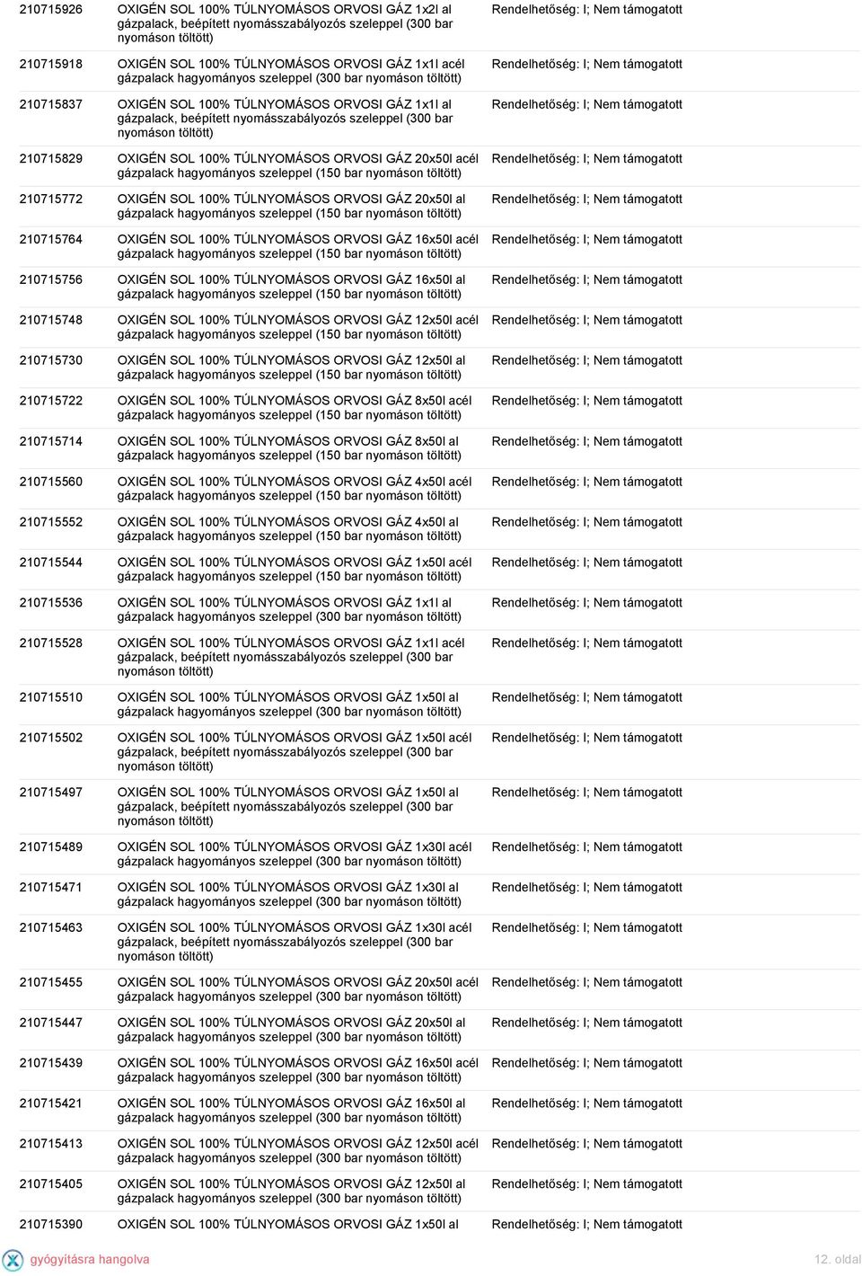 210715756 OXIGÉN SOL 100% TÚLNYOMÁSOS ORVOSI GÁZ 16x50l al (150 bar 210715748 OXIGÉN SOL 100% TÚLNYOMÁSOS ORVOSI GÁZ 12x50l acél (150 bar 210715730 OXIGÉN SOL 100% TÚLNYOMÁSOS ORVOSI GÁZ 12x50l al