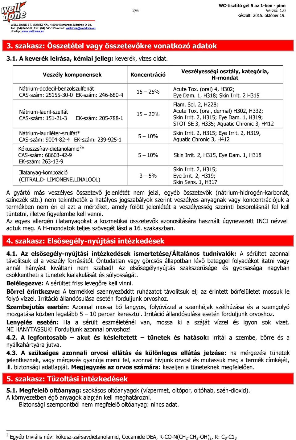 205-788-1 Nátrium-lauriléter-szulfát* CAS-szám: 9004-82-4 EK-szám: 239-925-1 Kókuszzsírav-dietanolamid 2 * CAS-szám: 68603-42-9 EK-szám: 263-13-9 Illatanyag-kompozíció (CITRAL,D- LIMONENE,LINALOOL)