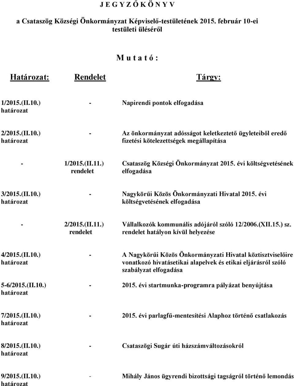 évi költségvetésének elfogadása 3/2015.(II.10.) Nagykörűi Közös Önkormányzati Hivatal 2015. évi költségvetésének elfogadása 2/2015.(II.11.) rendelet Vállalkozók kommunális adójáról szóló 12/2006.(XII.