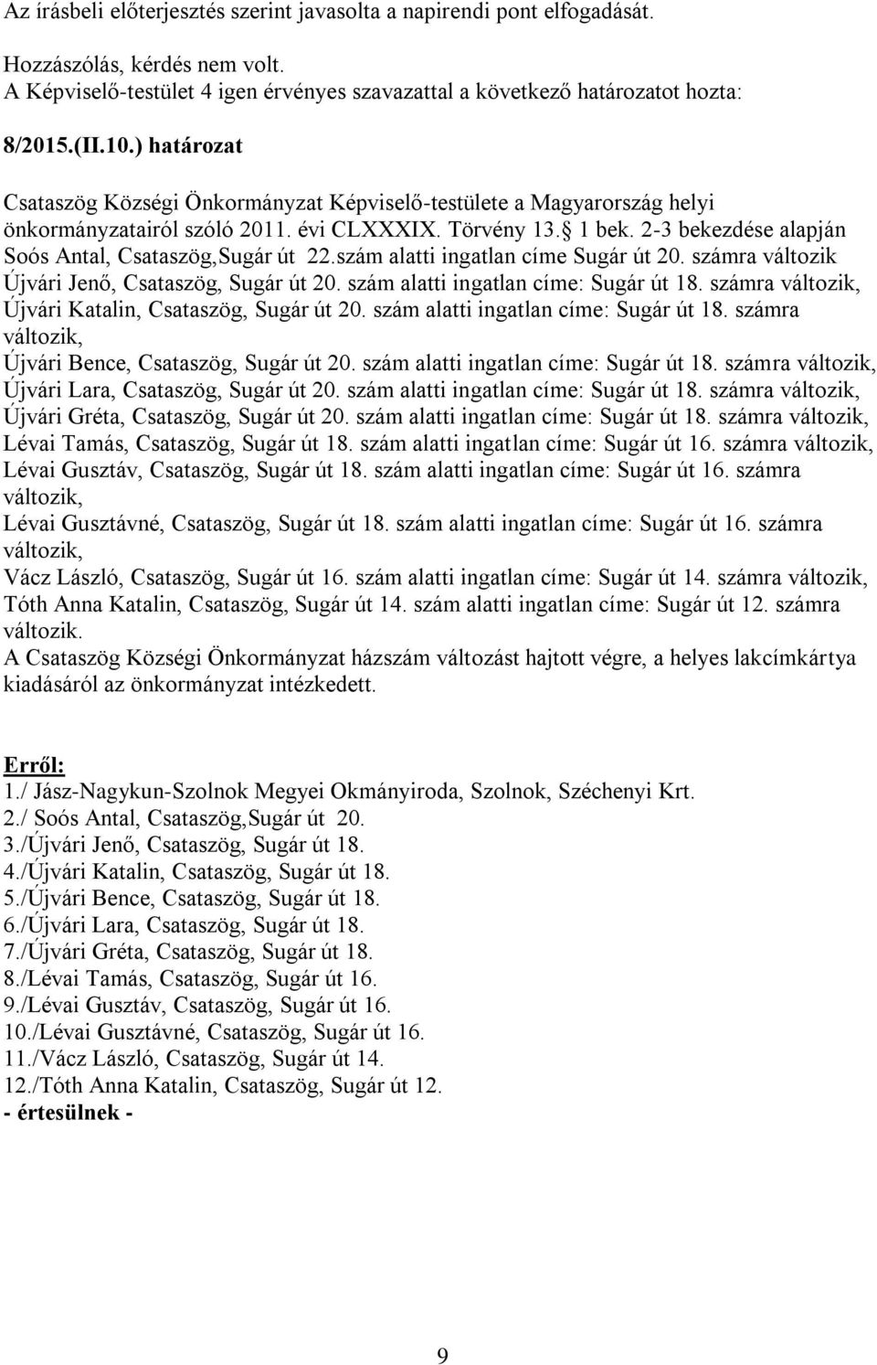 szám alatti ingatlan címe Sugár út 20. számra változik Újvári Jenő, Csataszög, Sugár út 20. szám alatti ingatlan címe: Sugár út 18. számra változik, Újvári Katalin, Csataszög, Sugár út 20.