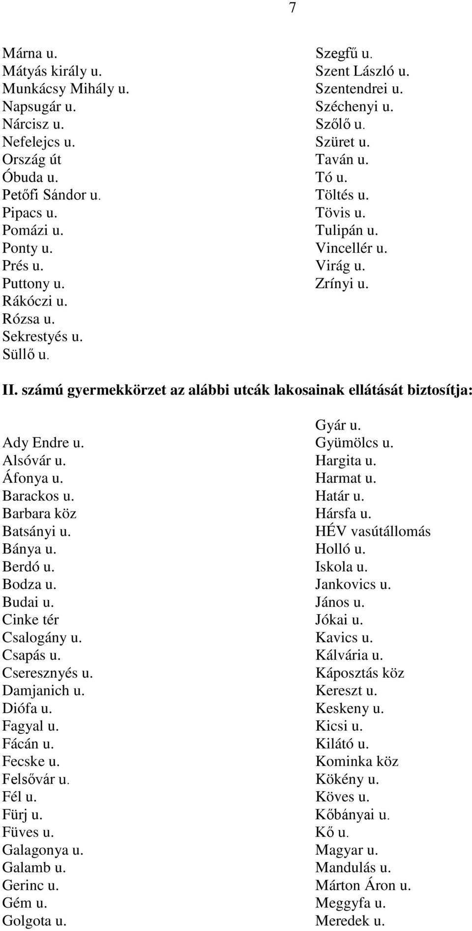 számú gyermekkörzet az alábbi utcák lakosainak ellátását biztosítja: Ady Endre u. Alsóvár u. Áfonya u. Barackos u. Barbara köz Batsányi u. Bánya u. Berdó u. Bodza u. Budai u. Cinke tér Csalogány u.