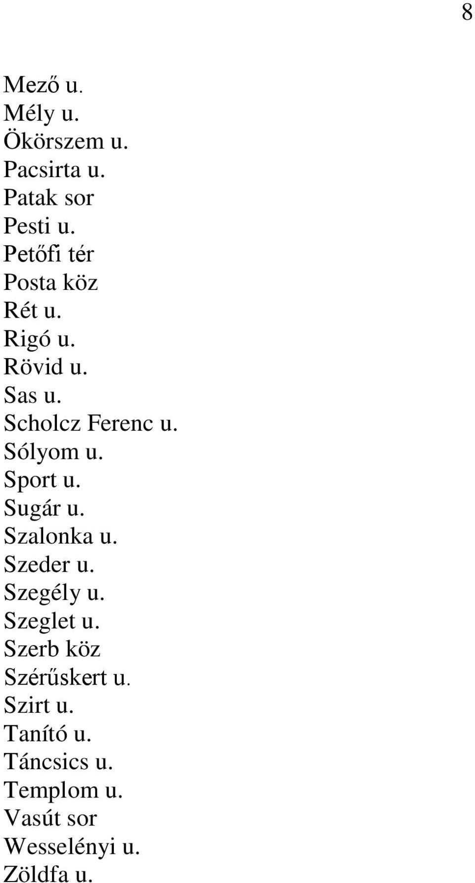 Sólyom u. Sport u. Sugár u. Szalonka u. Szeder u. Szegély u. Szeglet u.