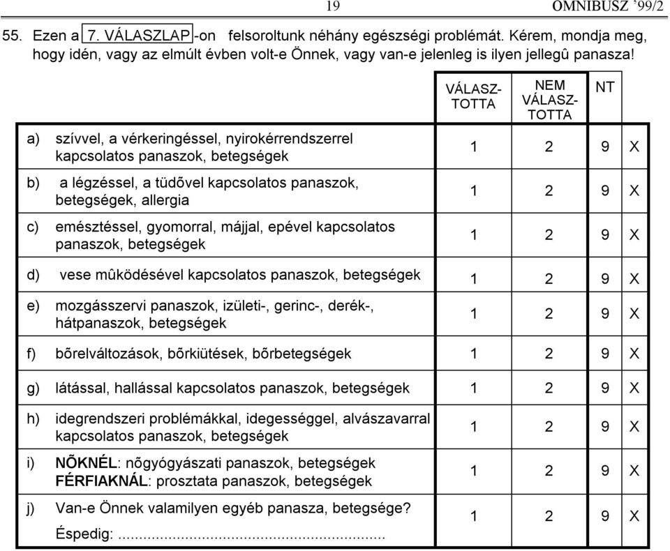 kapcsolatos panaszok, betegségek VÁLASZ- TOTTA NEM VÁLASZ- TOTTA NT 1 2 9 1 2 9 1 2 9 d) vese mûködésével kapcsolatos panaszok, betegségek 1 2 9 e) mozgásszervi panaszok, izületi-, gerinc-, derék-,