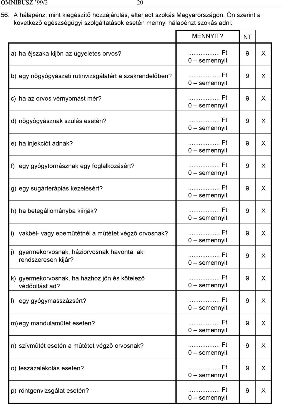... Ft 0 semennyit d) nõgyógyásznak szülés esetén?... Ft 0 semennyit e) ha injekciót adnak?... Ft 0 semennyit f) egy gyógytornásznak egy foglalkozásért?... Ft 0 semennyit g) egy sugárterápiás kezelésért?