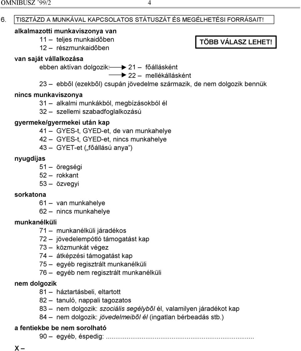 de nem dolgozik bennük nincs munkaviszonya 31 alkalmi munkákból, megbízásokból él 32 szellemi szabadfoglalkozású gyermeke/gyermekei után kap 41 GYES-t, GYED-et, de van munkahelye 42 GYES-t, GYED-et,