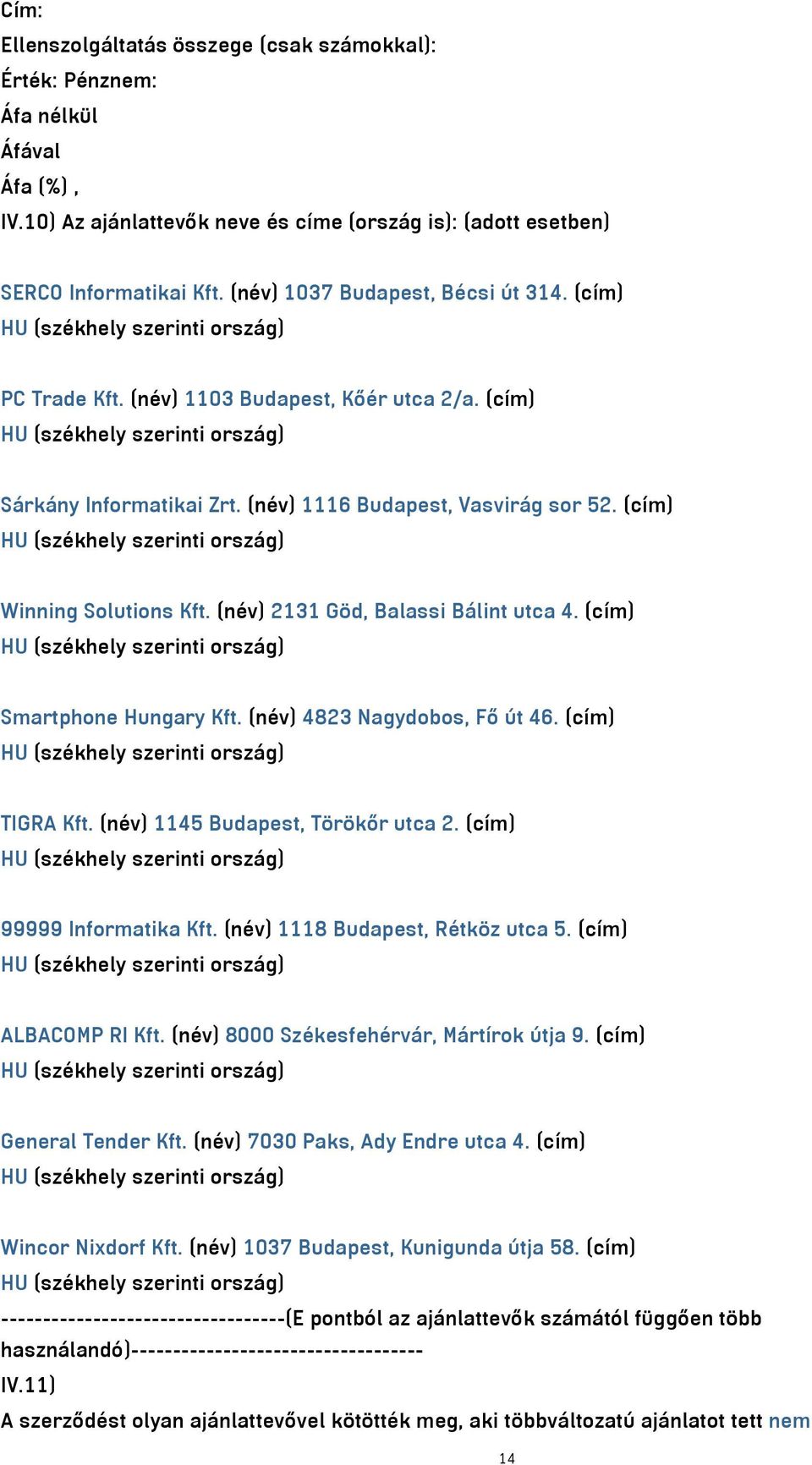 (cím) Smartphone Hungary Kft. (név) 4823 Nagydobos, Fő út 46. (cím) TIGRA Kft. (név) 1145 Budapest, Törökőr utca 2. (cím) 99999 Informatika Kft. (név) 1118 Budapest, Rétköz utca 5.