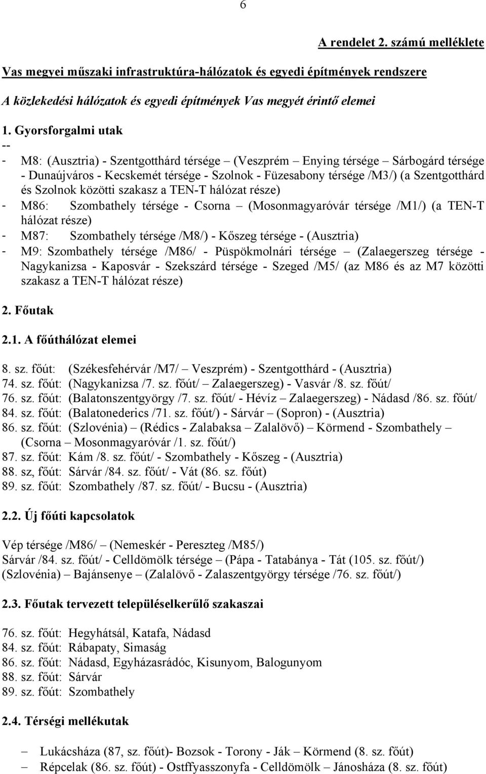Szolnok közötti szakasz a TEN-T hálózat része) - M86: Szombathely térsége - Csorna (Mosonmagyaróvár térsége /M1/) (a TEN-T hálózat része) - M87: Szombathely térsége /M8/) - Kőszeg térsége -