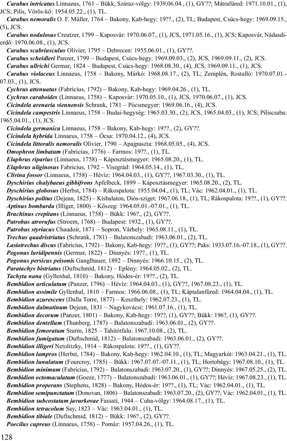 , (1), JCS; Kaposvár, Nádasdierdõ: 1970.06.08., (1), JCS. Carabus scabriusculus Olivier, 1795 Debrecen: 1955.06.01., (1), GY??. Carabus scheidleri Panzer, 1799 Budapest, Csúcs-hegy: 1969.09.03.