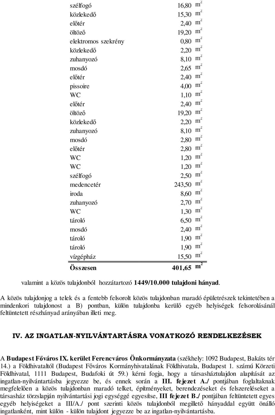 WC 1,30 m 2 tároló 6,50 m 2 mosdó 2,40 m 2 tároló 1,90 m 2 tároló 1,90 m 2 vízgépház 15,50 m2 Összesen 401,65 m2 valamint a közös tulajdonból hozzátartozó 1449/10.000 tulajdoni hányad.