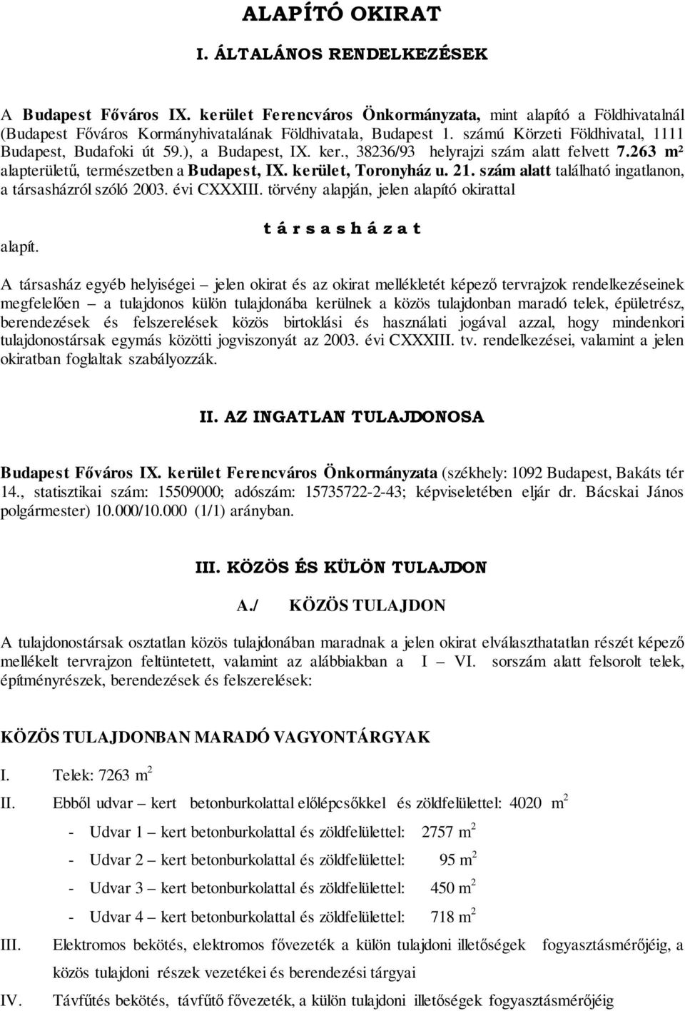 szám alatt található ingatlanon, a társasházról szóló 2003. évi CXXXIII. törvény alapján, jelen alapító okirattal alapít.