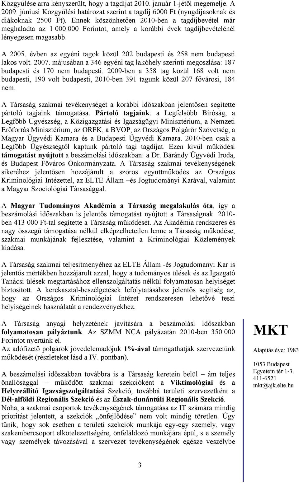 évben az egyéni tagok közül 202 budapesti és 258 nem budapesti lakos volt. 2007. májusában a 346 egyéni tag lakóhely szerinti megoszlása: 187 budapesti és 170 nem budapesti.