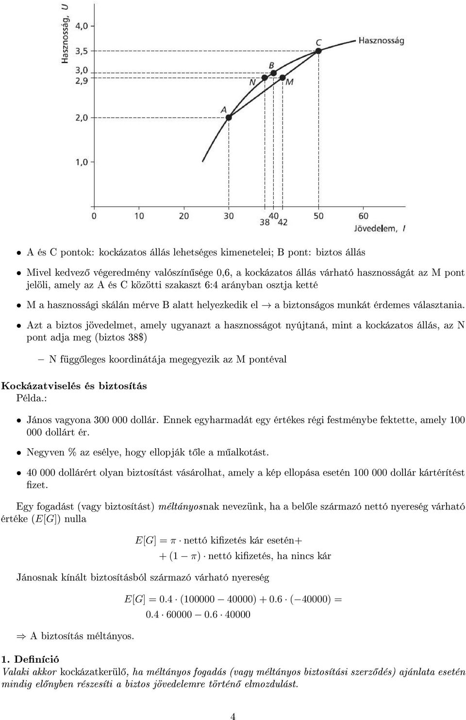 Azt a biztos jövedelmet, amely ugyanazt a hasznosságot nyújtaná, mint a kockázatos állás, az N pont adja meg (biztos 38$) N függ leges koordinátája megegyezik az M pontéval Kockázatviselés és