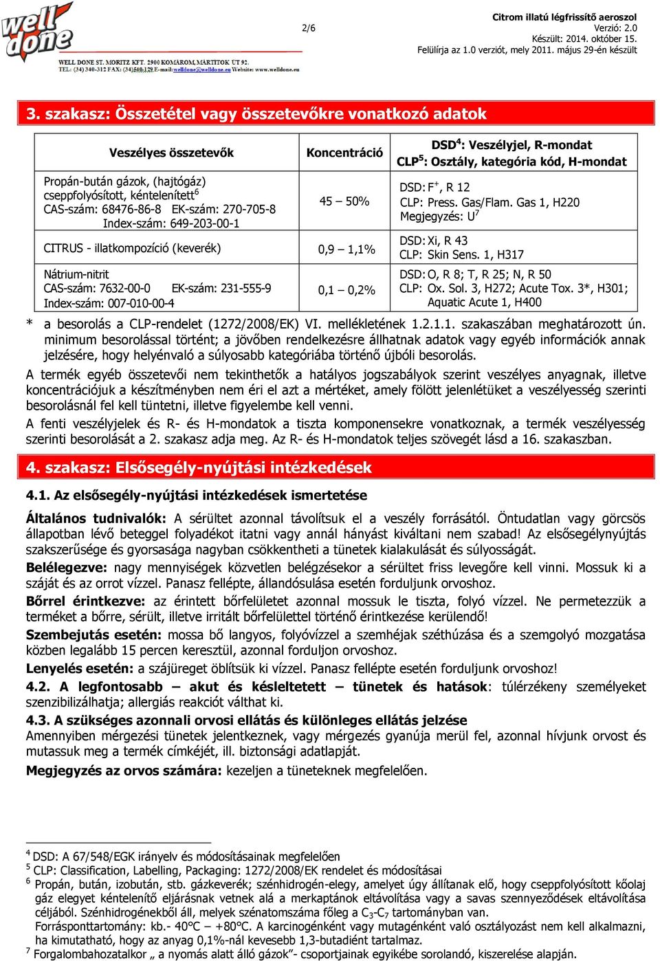 649-203-00-1 Koncentráció 45 50% CITRUS - illatkompozíció (keverék) 0,9 1,1% Nátrium-nitrit CAS-szám: 7632-00-0 EK-szám: 231-555-9 Index-szám: 007-010-00-4 0,1 0,2% DSD 4 : Veszélyjel, R-mondat CLP 5