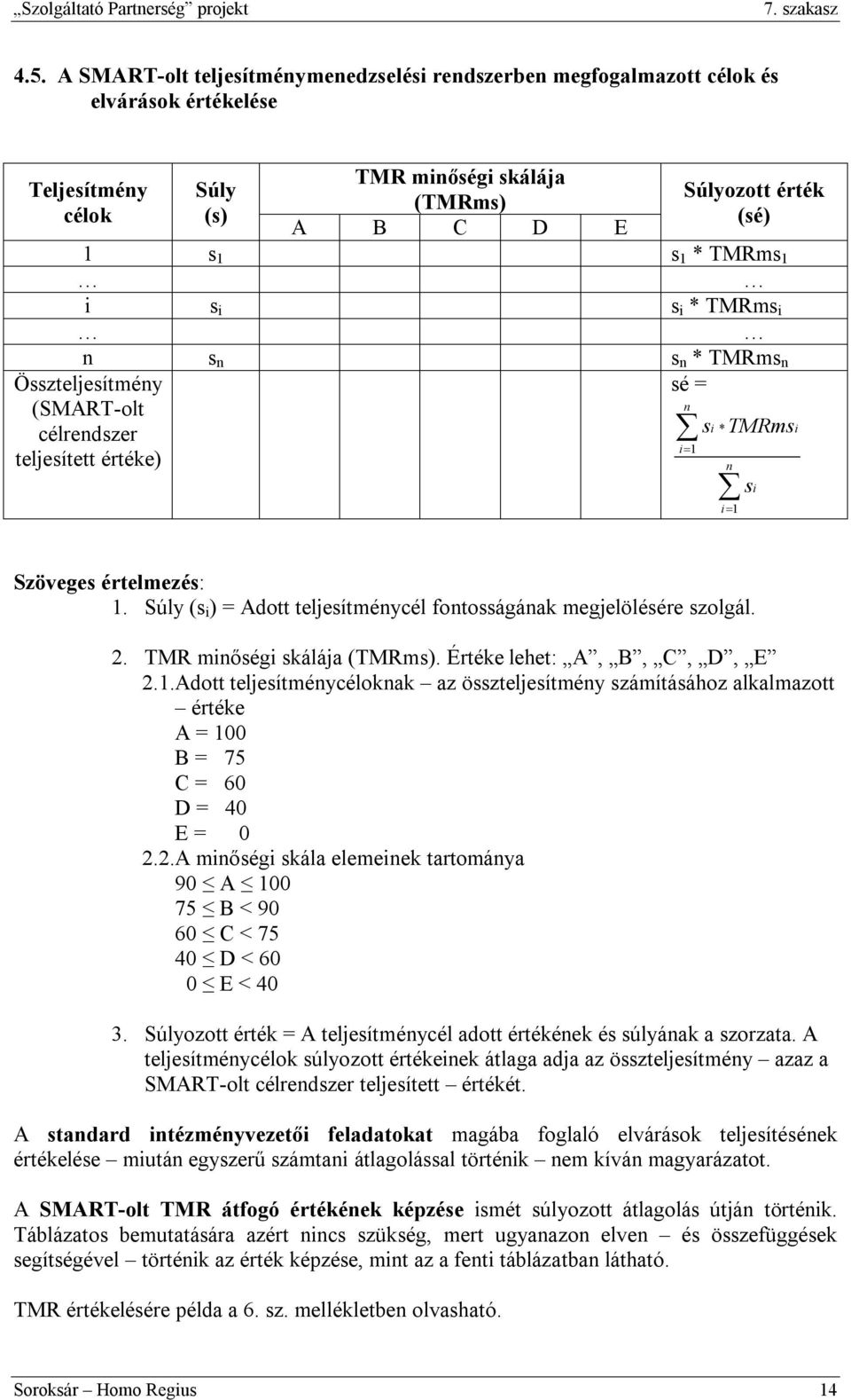 Súly (s i ) = Adott teljesítménycél fontosságának megjelölésére szolgál. 2. TMR minőségi skálája (TMRms). Értéke lehet: A, B, C, D, E 2.1.