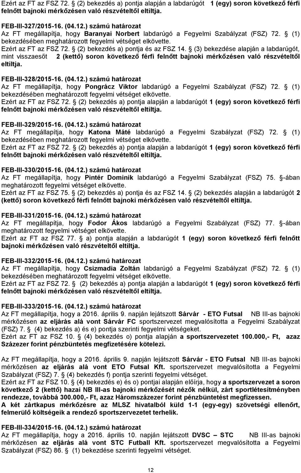 ) számú határozat Az FT megállapítja, hogy Pongrácz Viktor labdarúgó a Fegyelmi Szabályzat (FSZ) 72. (1) FEB-III-329/2015-16. (04.12.