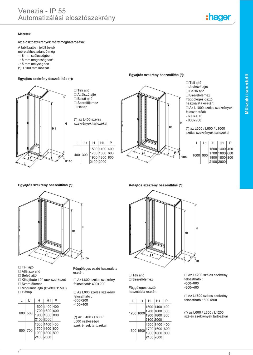 ajtó Átlátszó ajtó Belső ajtó Szerelőlemez Függőleges osztó használata esetén: Az L000 széles szekrények feloszthatóak 600+400 800+00 (*) az L600 / L800 / L000 széles szekrények tartozékai Műszaki