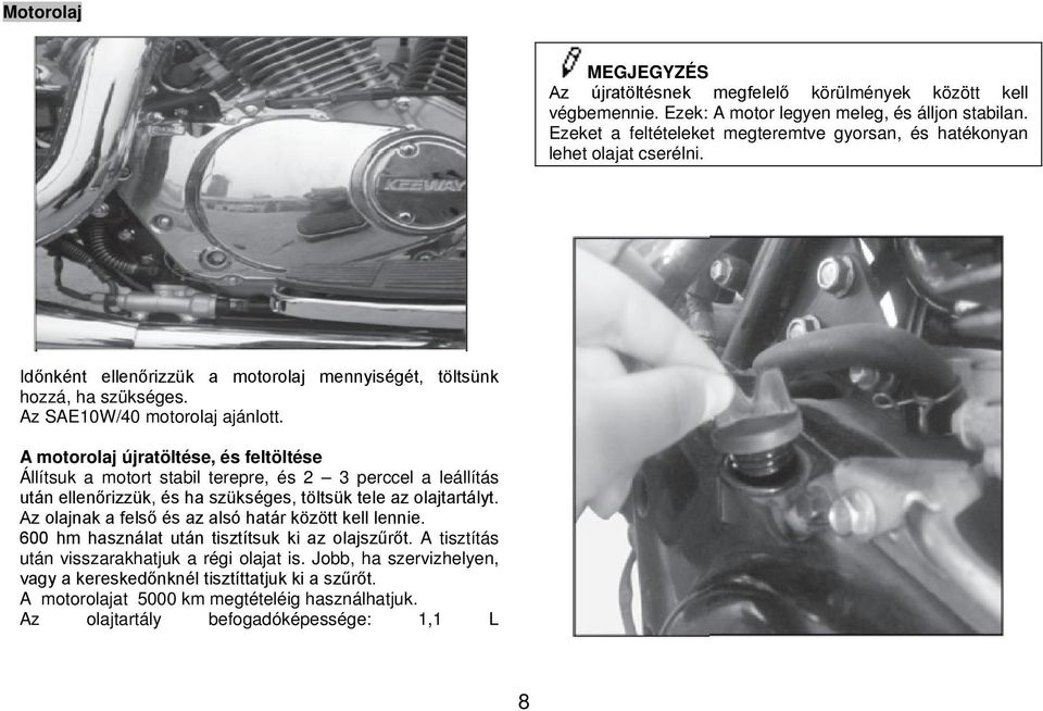 A motorolaj újratöltése, és feltöltése Állítsuk a motort stabil terepre, és 2 3 perccel a leállítás után ellenőrizzük, és ha szükséges, töltsük tele az olajtartályt.