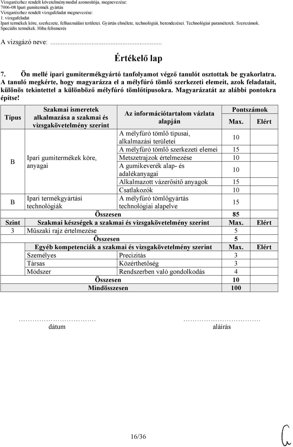 Típus Szakmai ismeretek alkalmazása a szakmai és vizsgakövetelmény szerint Az információtartalom vázlata alapján Pontszámok Max.