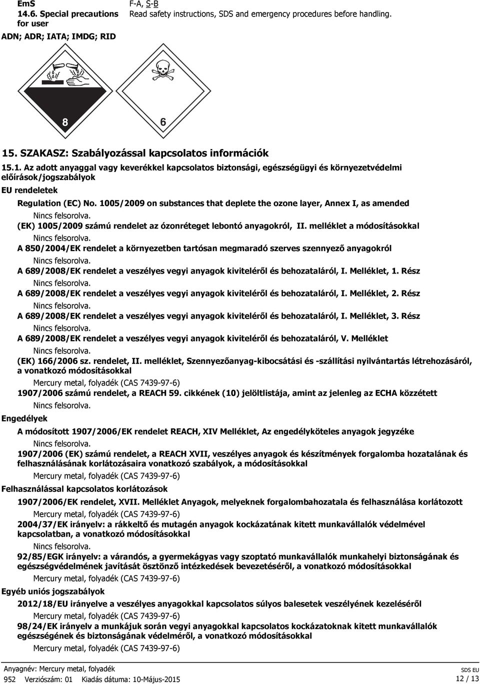 1005/2009 on substances that deplete the ozone layer, Annex I, as amended (EK) 1005/2009 számú rendelet az ózonréteget lebontó anyagokról, II.