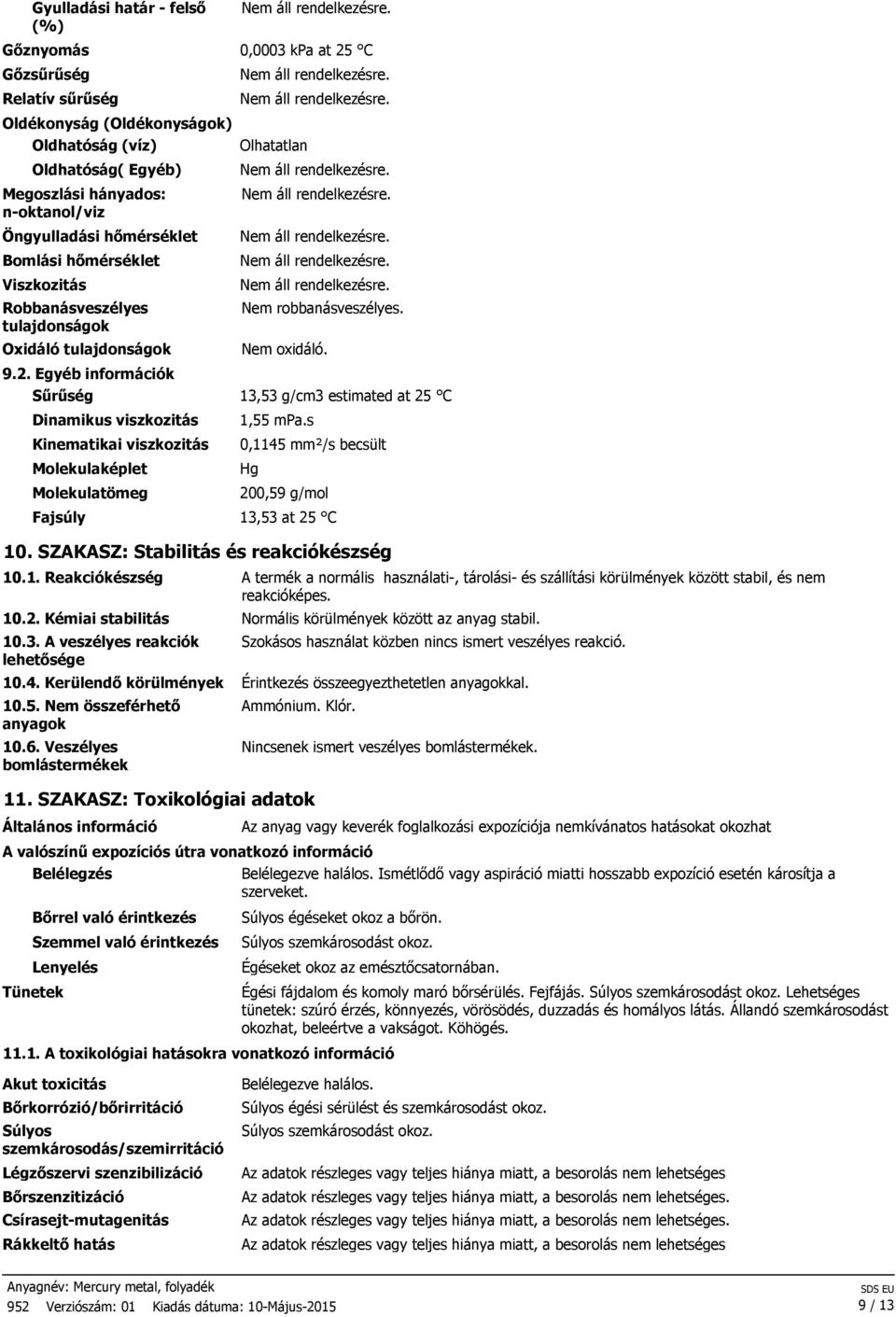 Sűrűség 13,53 g/cm3 estimated at 25 C Dinamikus viszkozitás Kinematikai viszkozitás Molekulaképlet Molekulatömeg 1,55 mpa.s 0,1145 mm²/s becsült Hg 200,59 g/mol Fajsúly 13,53 at 25 C 10.