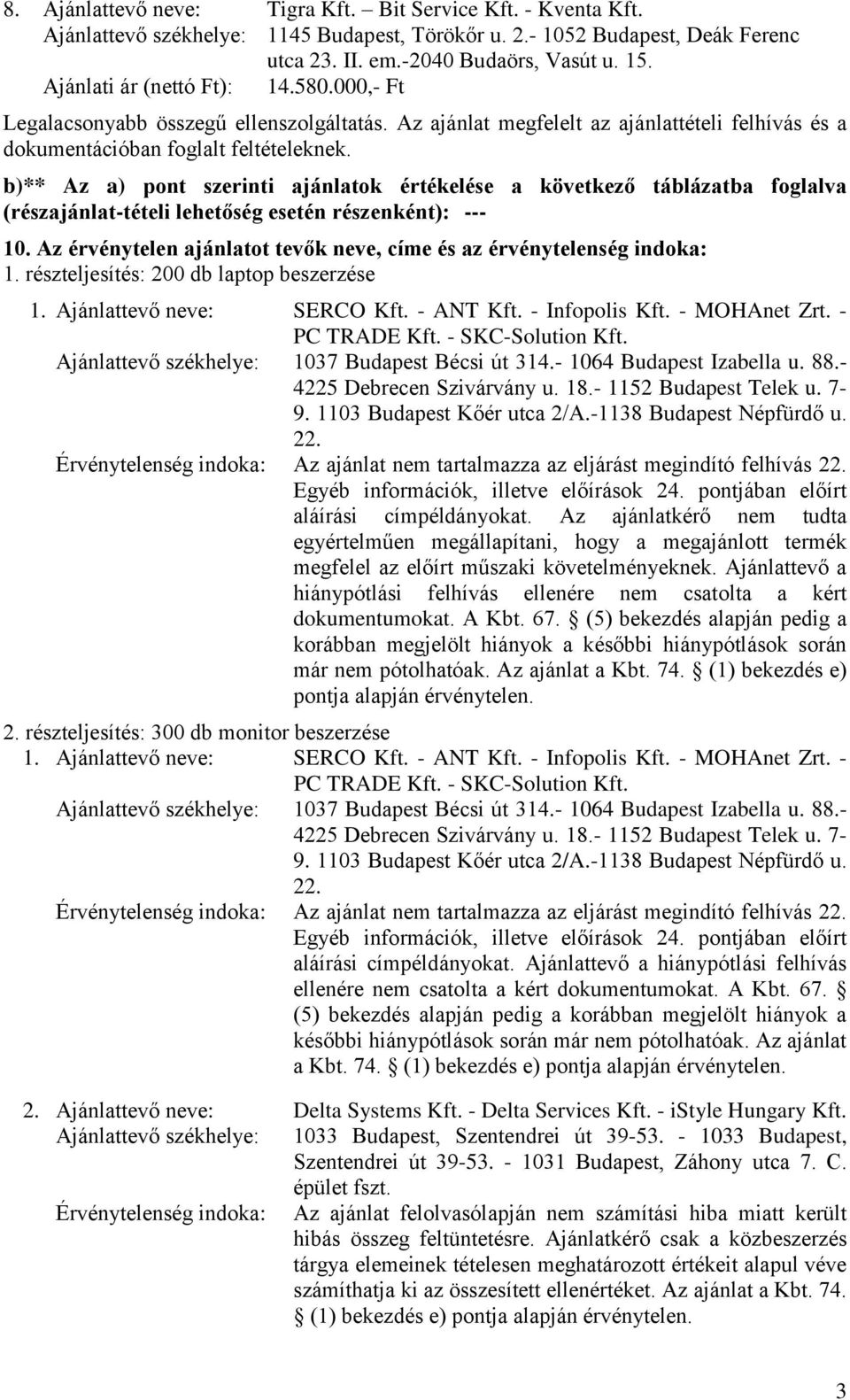 Az érvénytelen ajánlatot tevők neve, címe és az érvénytelenség indoka: 1. Ajánlattevő neve: SERCO Kft. - ANT Kft. - Infopolis Kft. - MOHAnet Zrt. - PC TRADE Kft. - SKC-Solution Kft.