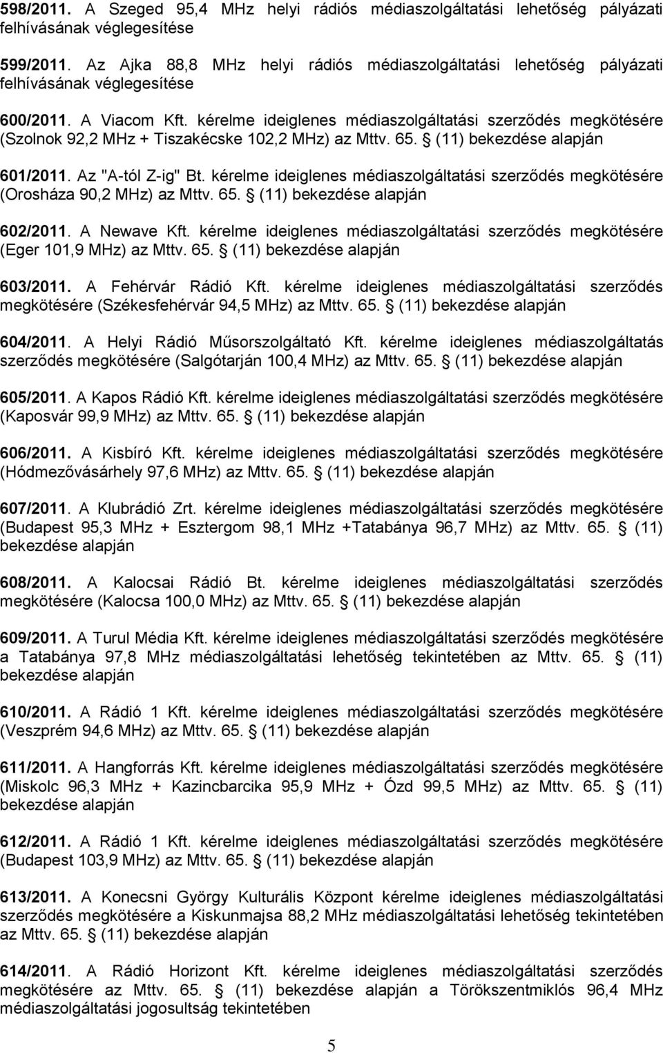 kérelme ideiglenes médiaszolgáltatási szerződés megkötésére (Szolnok 92,2 MHz + Tiszakécske 102,2 MHz) az Mttv. 65. (11) bekezdése alapján 601/2011. Az "A-tól Z-ig" Bt.
