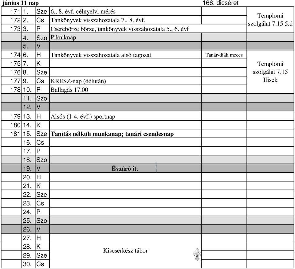 K 176 8. Sze 177 9. Cs KRESZ-nap (délután) 178 10. P Ballagás 17.00 11. Szo 12. V 179 13. H Alsós (1-4. évf.) sportnap 180 14. K 181 15.